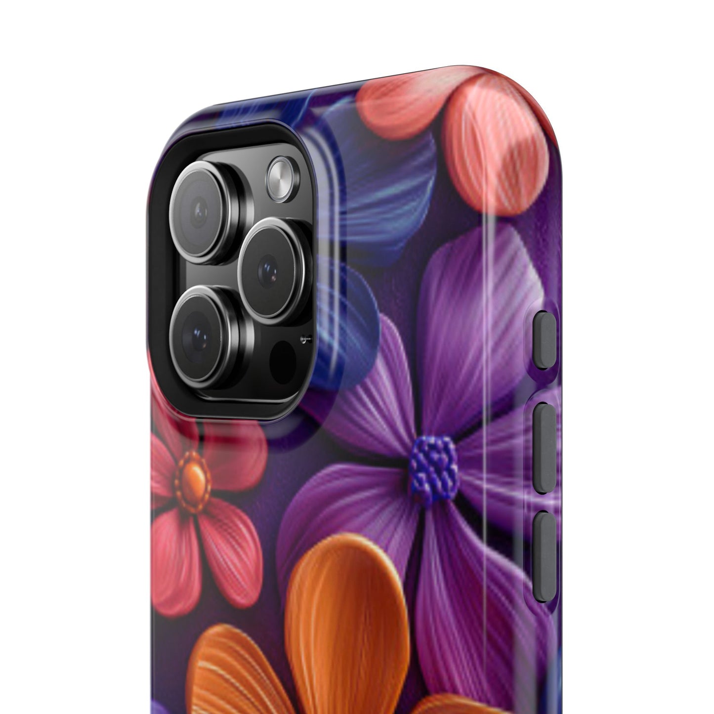 Bold Floral 3D MagSafe iPhone Case – Vivid Purple and Orange Flower Design, Shock-Resistant