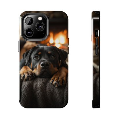 Cozy Rottweiler by the Fireplace iPhone Case – Warm Rustic Design