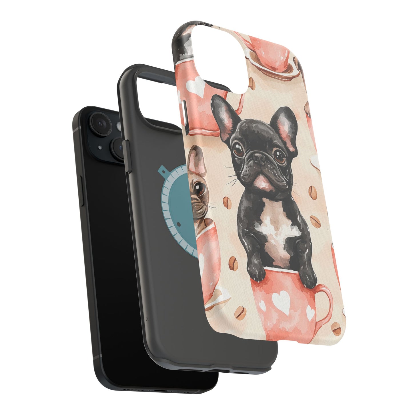 French Bulldogs in Coffee Cup MagSafe iPhone Case – Cute Dog Art, Shockproof & Slim Design