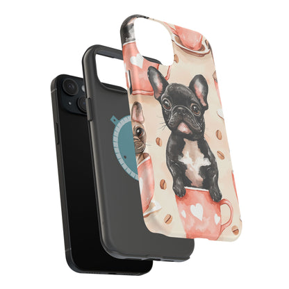 French Bulldogs in Coffee Cup MagSafe iPhone Case – Cute Dog Art, Shockproof & Slim Design