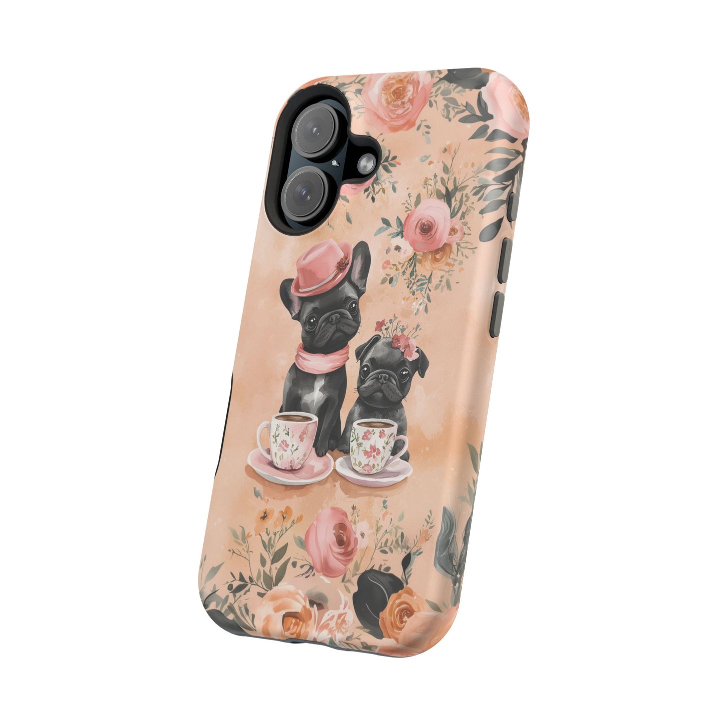 Floral French Bulldogs MagSafe iPhone Case – Elegant Dog Design with Tea Cups & Roses, Shockproof Protection