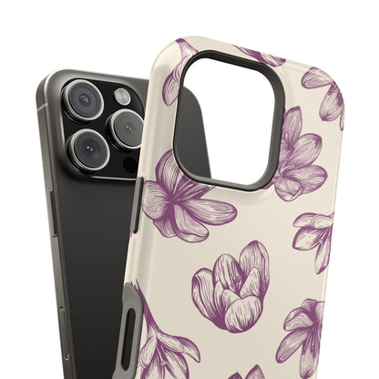 Vintage Botanical Floral Tough MagSafe iPhone Case – Hand-Drawn Purple Flowers, Shockproof Design