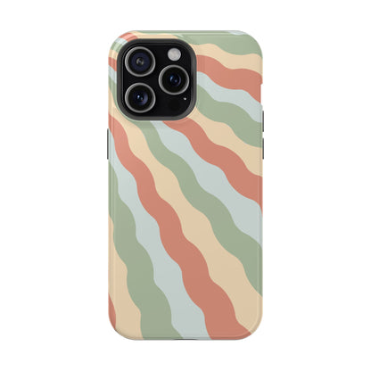 Earthy Retro Waves MagSafe iPhone Case – 70s-Inspired Wavy Stripes in Soft Green, Cream, and Rust