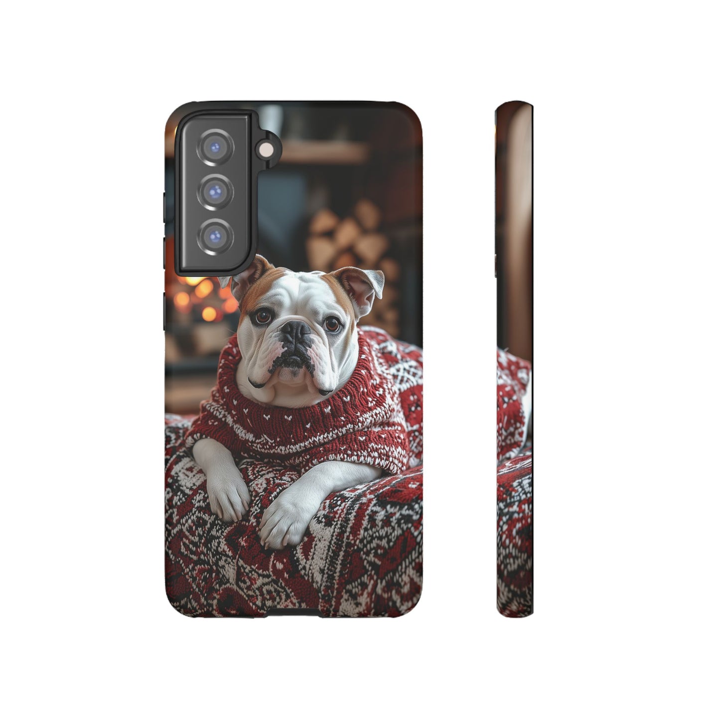 Cozy Bulldog in Sweater Samsung Galaxy Case – Festive Fireplace Protective Cove