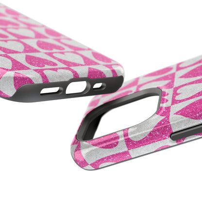 Pink Glitter Heart Checkered Pattern MagSafe Case