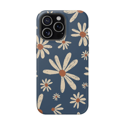 Vintage Daisies MagSafe iPhone Case – Navy Blue Floral Design, Scratch-Resistant with Shock-Absorbing Bumper