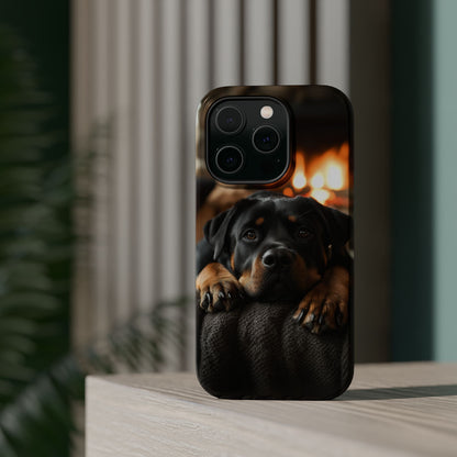 Cozy Rottweiler by the Fireplace MagSafe iPhone Case – Warm Rustic Design