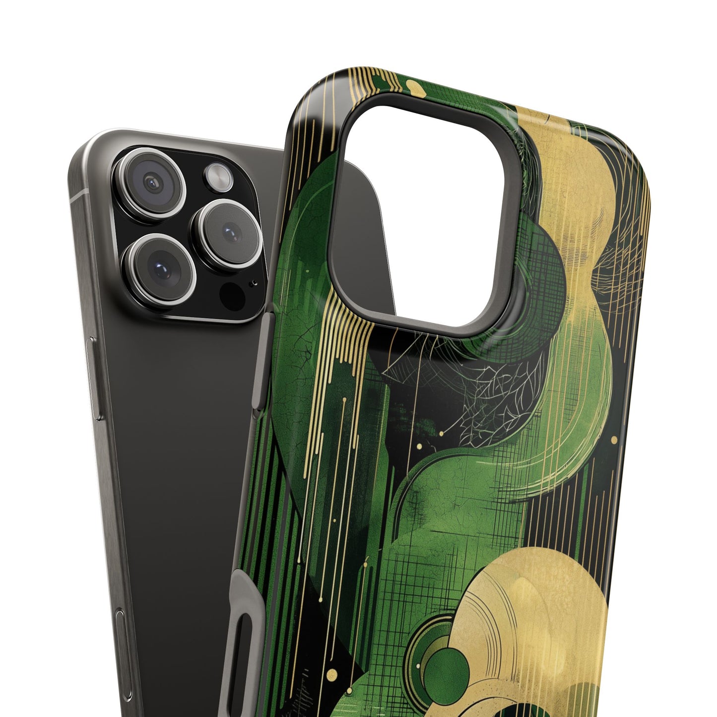 Abstract Green & Gold MagSafe iPhone Case - Geometric Art Deco Protective Cover