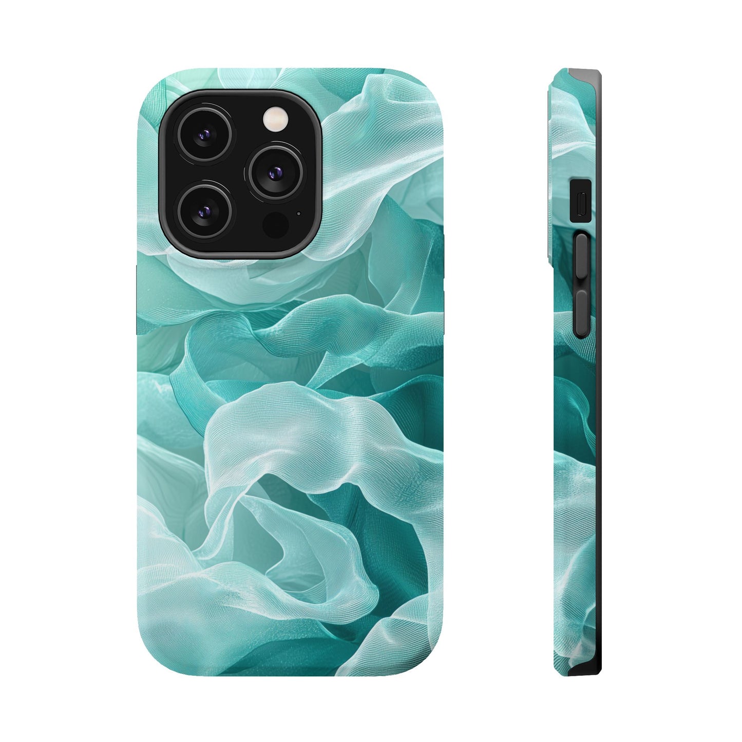 Elegant Flowing Teal Fabric MagSafe iPhone Case – Soft Waves Design