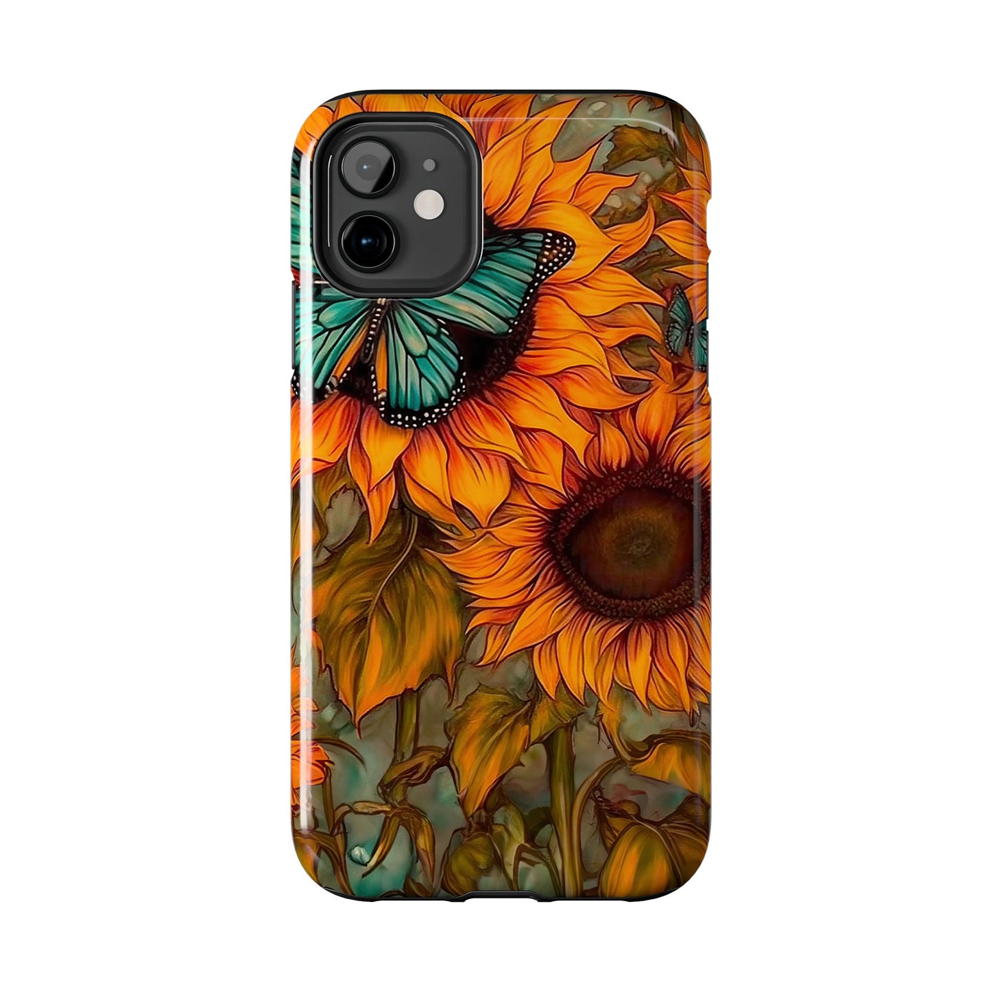 Vintage Blue Butterfly & Sunflower Art – iPhone Case