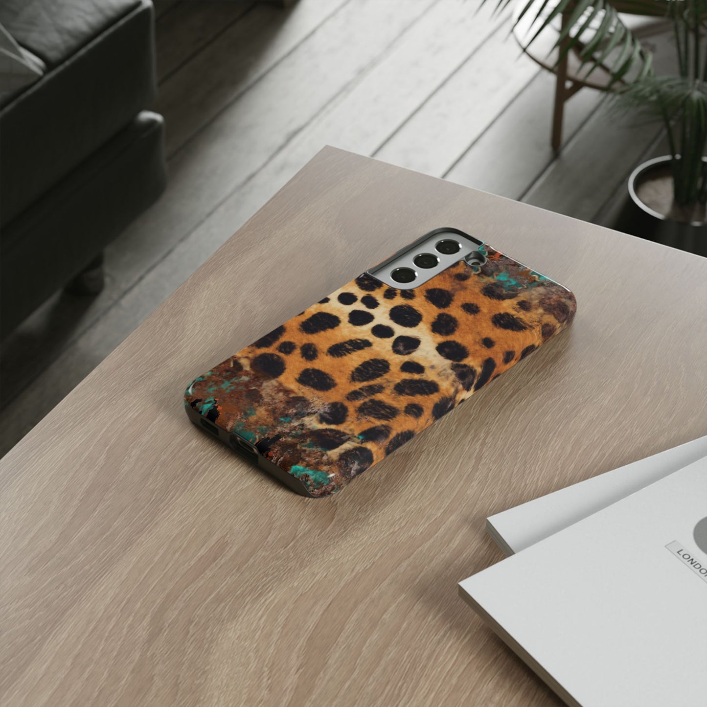 Rustic Leopard Print Tough Samsung Galaxy Case – Distressed Turquoise and Animal Pattern with Dual-Layer Protection