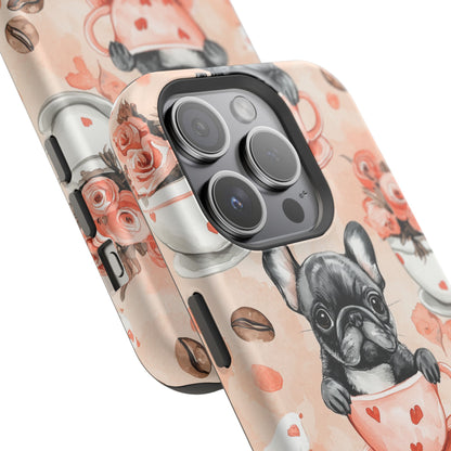 French Bulldogs in Heart Teacups MagSafe iPhone Case – Cute Dog & Floral Design, Shockproof Protection