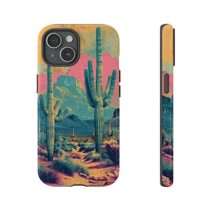 Desert Oasis Retro Cactus Phone Case - Vibrant Sunset Landscape for iPhone 15/14/13/12, Samsung S24/S23/S22/S21, & Google Pixel