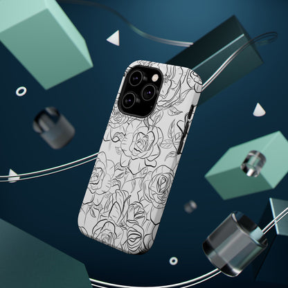 Monochrome Rose Garden Tough MagSafe iPhone Case – Elegant Floral Line Art with Dual-Layer Protection