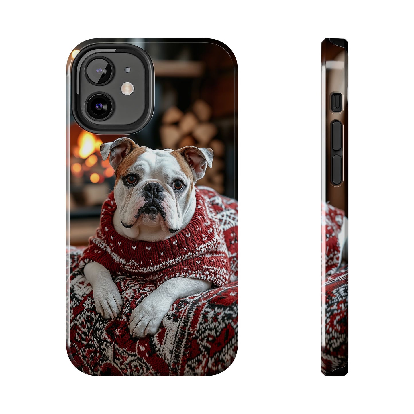 Cozy Bulldog in Sweater iPhone Case – Festive Fireplace Protective Cover