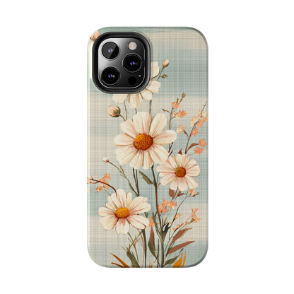 Vintage Plaid & Daisy Floral Tough iPhone Case – Dual-Layer Protection with Retro Flower Design