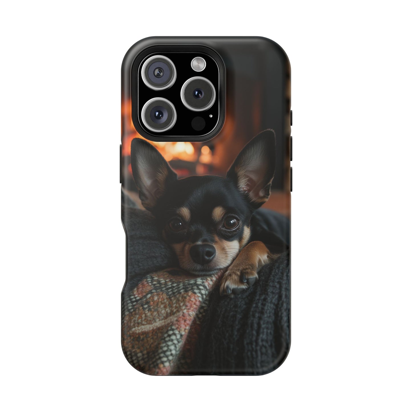 Cozy Chihuahua Fireplace MagSafe iPhone Case – Elegant and Functional Design