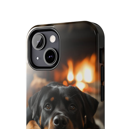 Cozy Rottweiler by the Fireplace iPhone Case – Warm Rustic Design