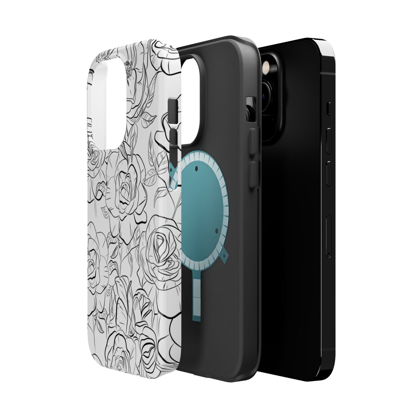 Monochrome Rose Garden Tough MagSafe iPhone Case – Elegant Floral Line Art with Dual-Layer Protection