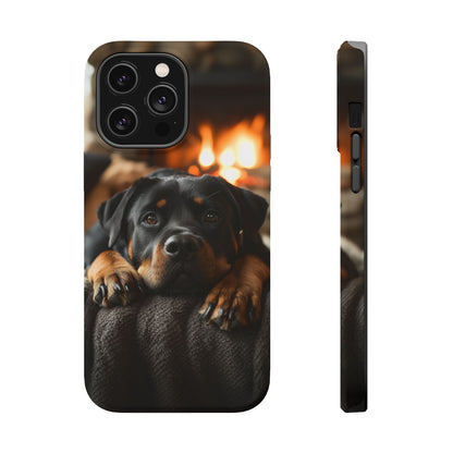 Cozy Rottweiler by the Fireplace MagSafe iPhone Case – Warm Rustic Design