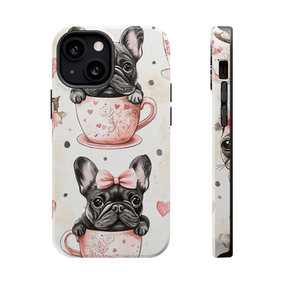 French Bulldogs in Teacups MagSafe iPhone Case – Cute Dog Design with Hearts & Bows, Shockproof & Slim