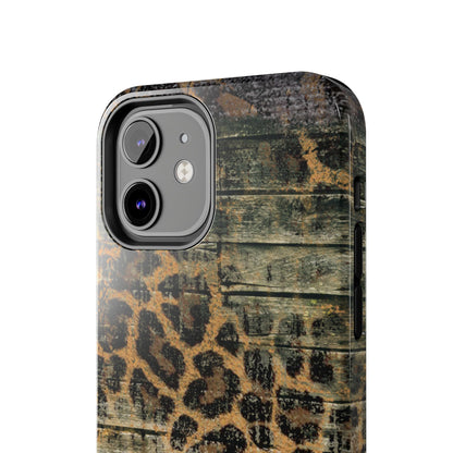 Rustic Wood and Leopard Print Tough iPhone Case – Distressed Western Design with Dual-Layer Protection