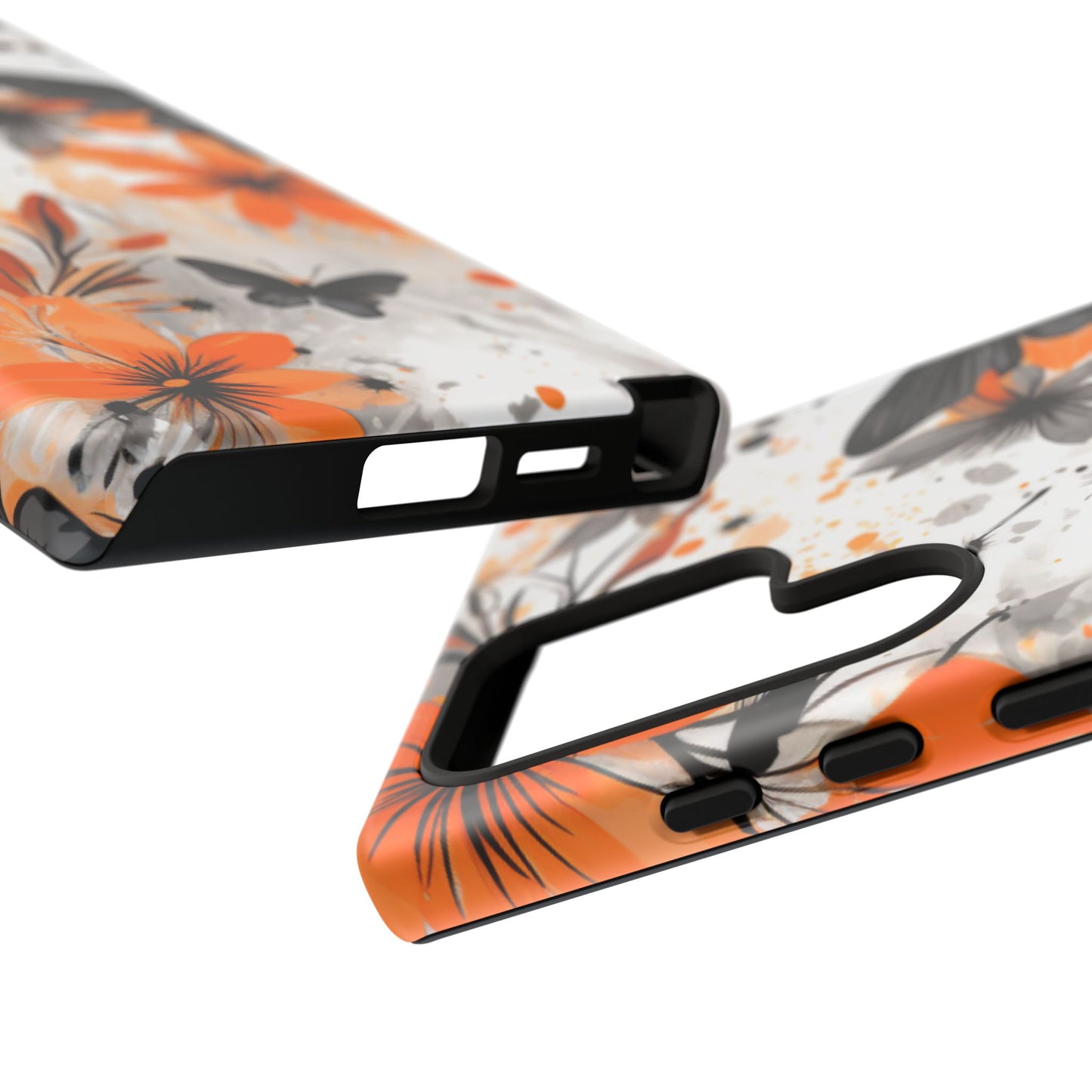 Orange Blossom & Black Butterfly Samsung Galaxy Case – Bold Floral Pattern with Modern Abstract Style