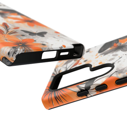 Orange Blossom & Black Butterfly Samsung Galaxy Case – Bold Floral Pattern with Modern Abstract Style