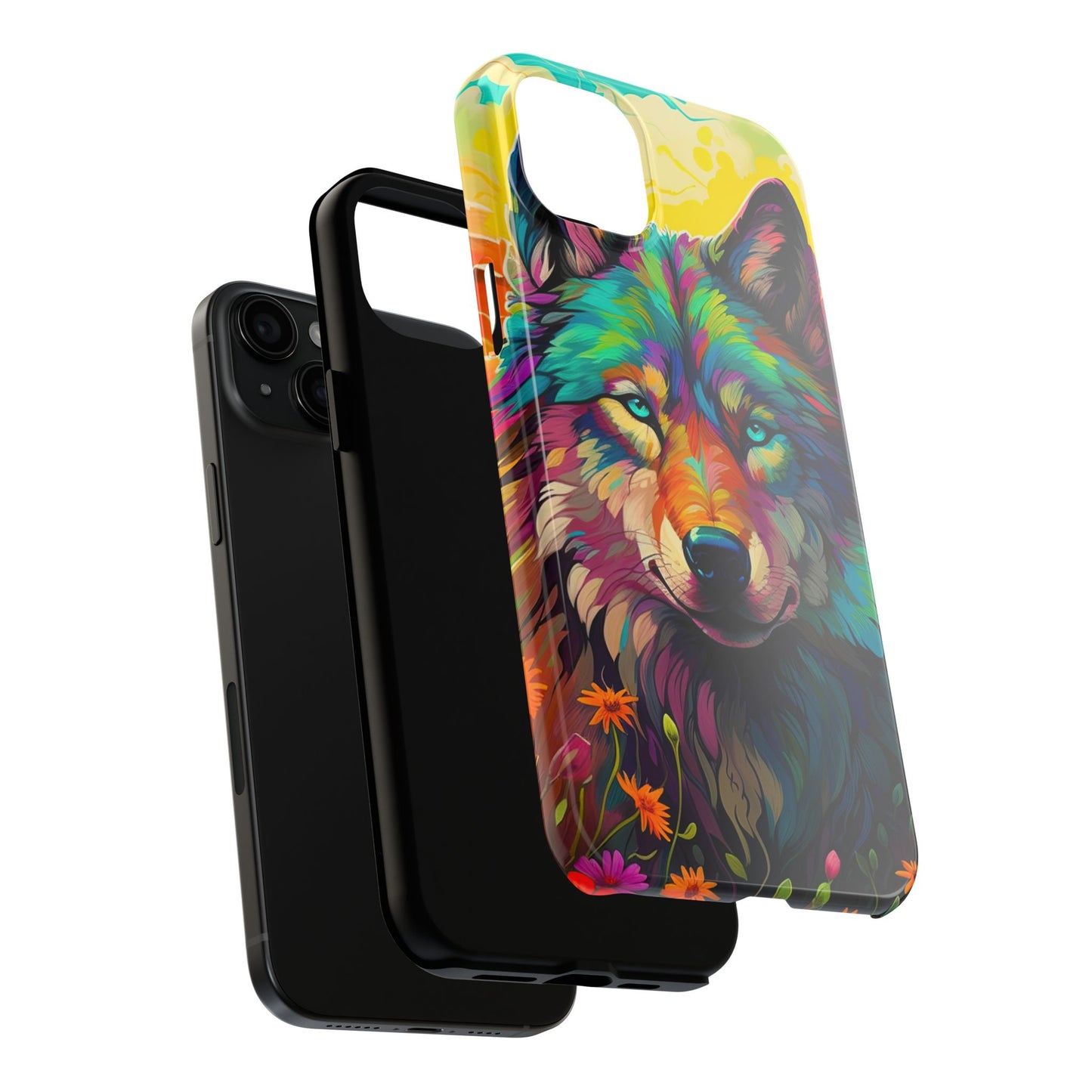 Rainbow Wolf in Bloom – iPhone Case with Vivid Nature Design