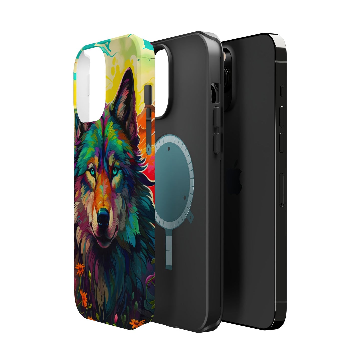 Rainbow Wolf in Bloom – MagSafe iPhone Case with Nature-Inspired Design