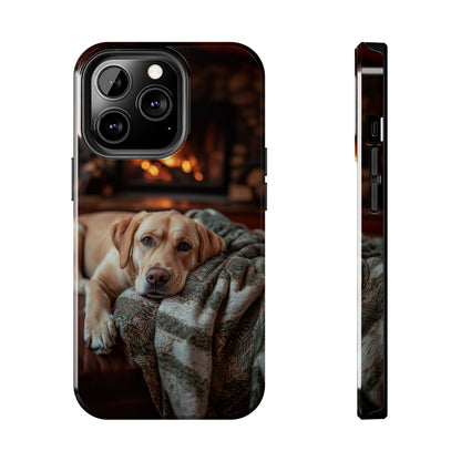 Cozy Labrador by Fireplace iPhone Case – Rustic Cabin Protective Cover