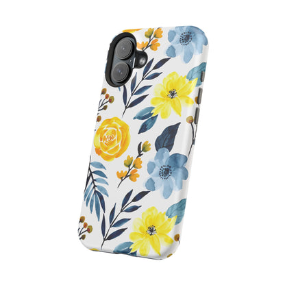 Golden Yellow & Sky Blue Floral – Watercolor Botanical MagSafe iPhone Case