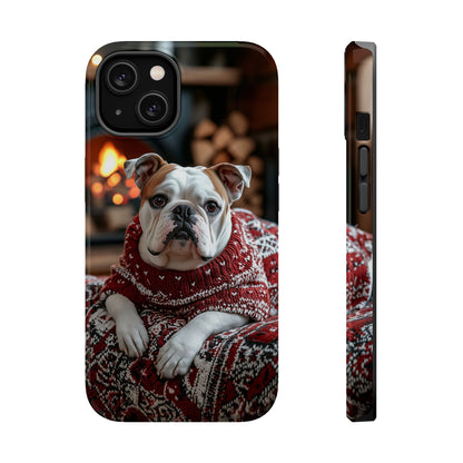 Cozy Bulldog in Sweater MagSafe iPhone Case – Festive Fireplace Protective Cover