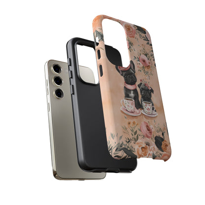 Floral French Bulldogs Samsung Galaxy Case – Elegant Dog Design with Tea Cups & Roses, Shockproof Protection