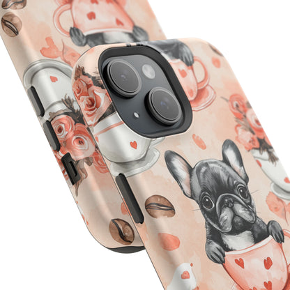 French Bulldogs in Heart Teacups MagSafe iPhone Case – Cute Dog & Floral Design, Shockproof Protection