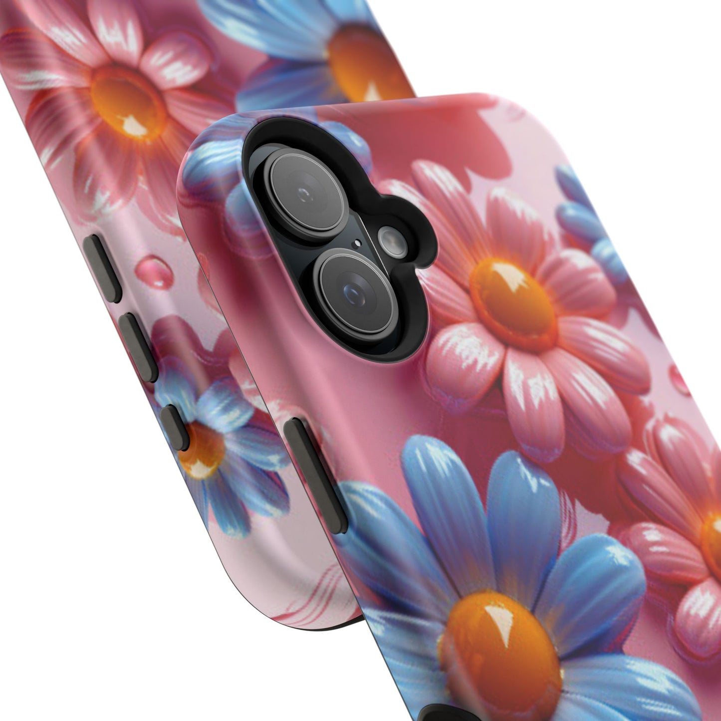 Pastel Daisy 3D MagSafe iPhone Case – Glossy Pink and Blue Floral Design, Full Protection