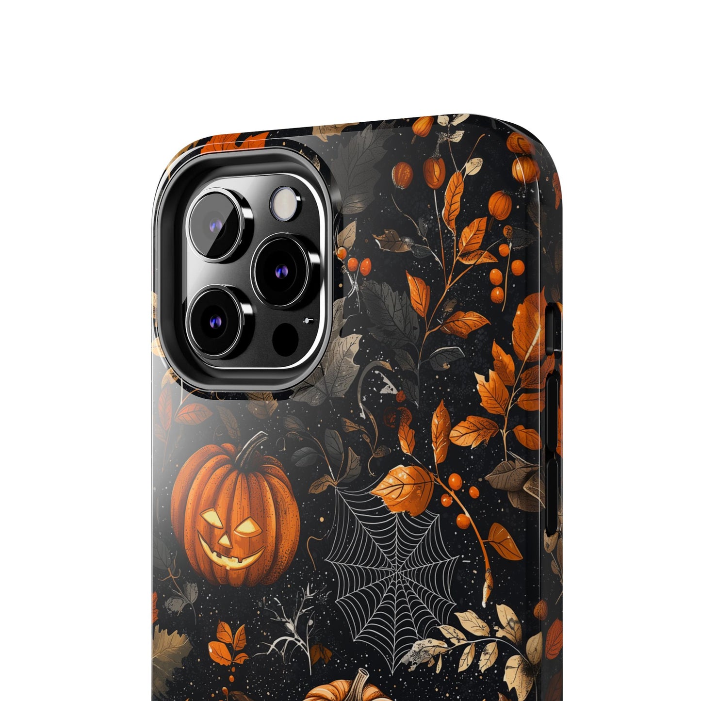 Elegant Halloween iPhone Case – Pumpkin Jack-o'-Lanterns, Cobwebs & Autumn Foliage Design