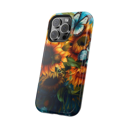 Aqua Blue Butterfly & Sunflower Art – MagSafe iPhone Case