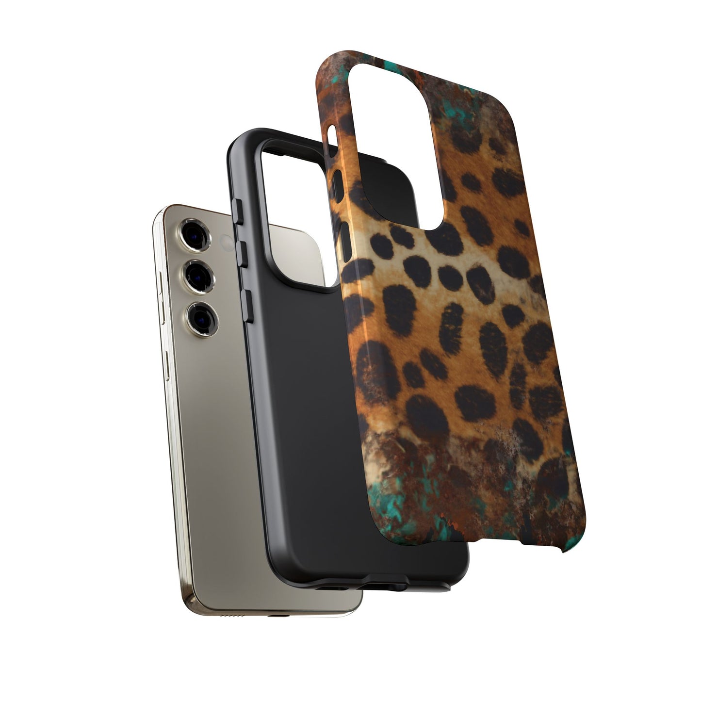 Rustic Leopard Print Tough Samsung Galaxy Case – Distressed Turquoise and Animal Pattern with Dual-Layer Protection