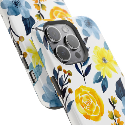 Golden Yellow & Sky Blue Floral – Watercolor Botanical MagSafe iPhone Case