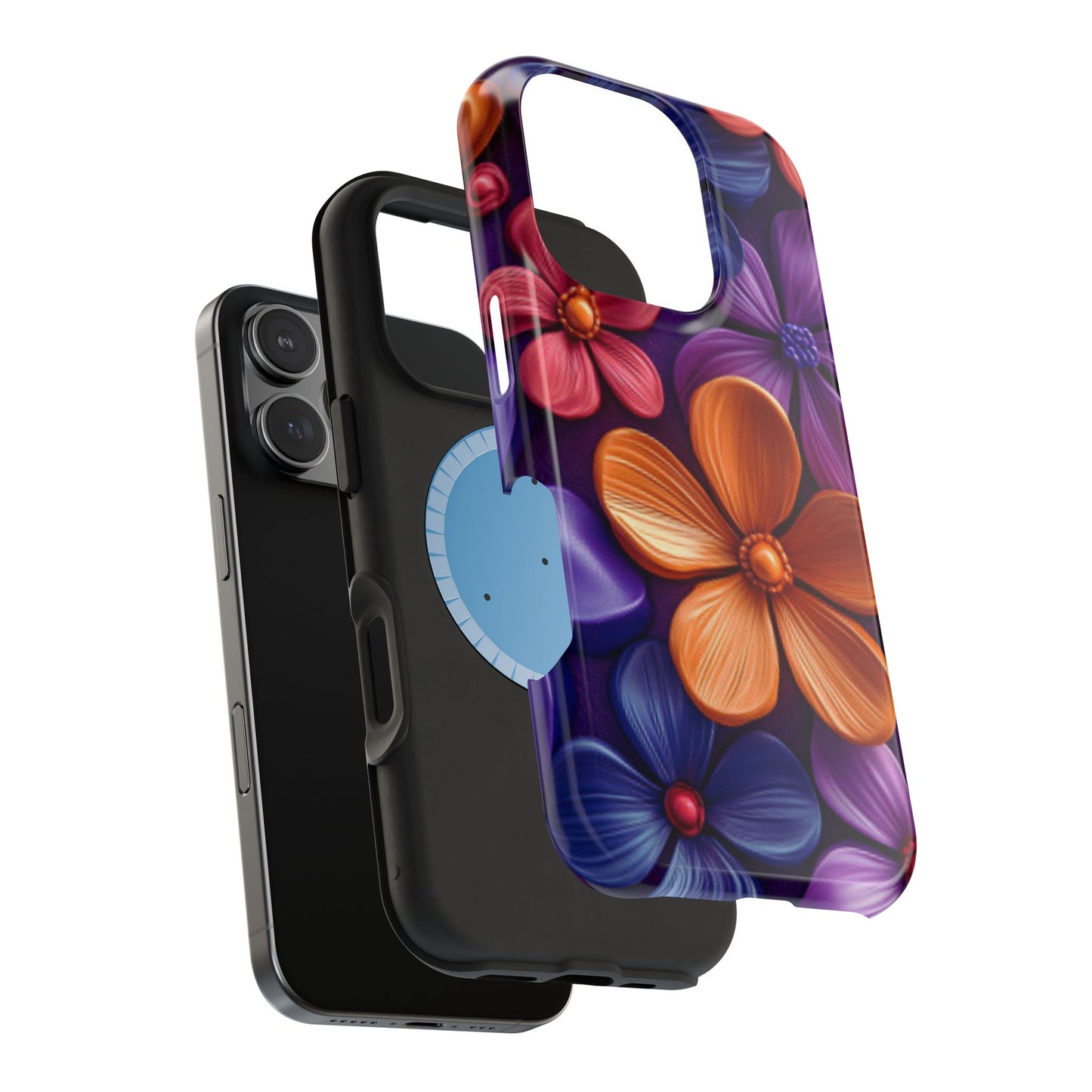 Bold Floral 3D MagSafe iPhone Case – Vivid Purple and Orange Flower Design, Shock-Resistant