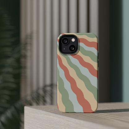 Earthy Retro Waves MagSafe iPhone Case – 70s-Inspired Wavy Stripes in Soft Green, Cream, and Rust