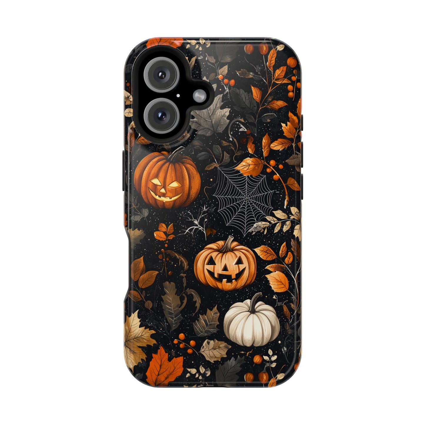 Elegant Halloween MagSafe iPhone Case – Pumpkin Jack-o'-Lanterns, Cobwebs & Autumn Foliage Design