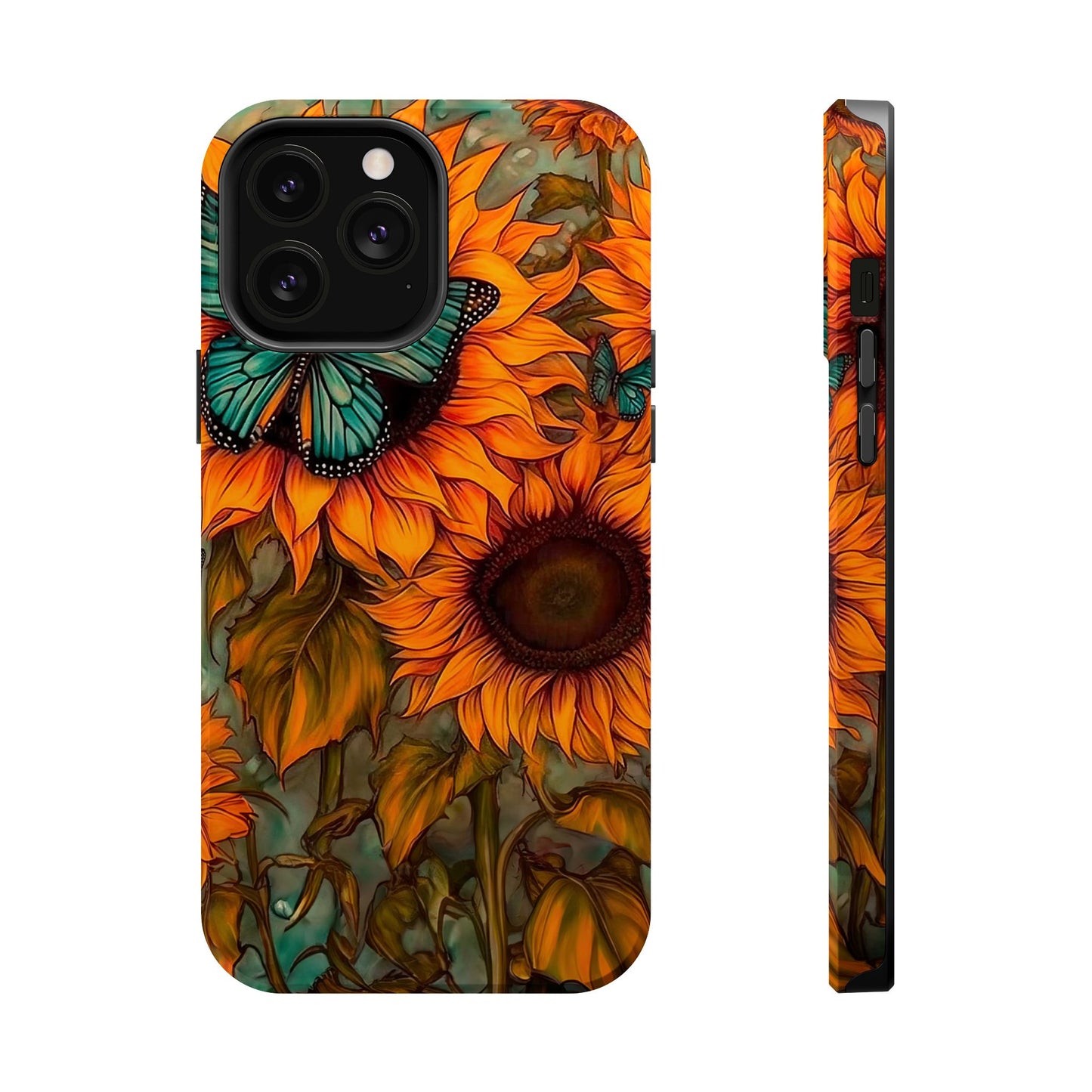 Vintage Blue Butterfly & Sunflower Art – MagSafe iPhone Case