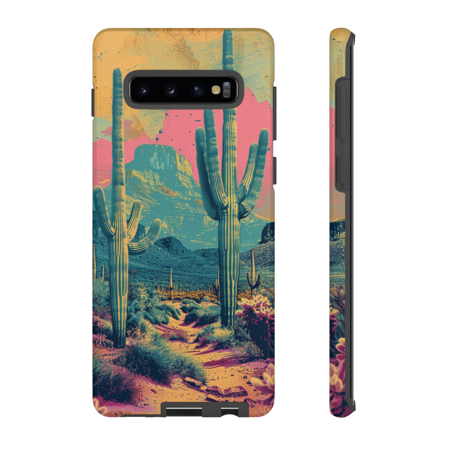 Desert Oasis Retro Cactus Phone Case - Vibrant Sunset Landscape for iPhone 15/14/13/12, Samsung S24/S23/S22/S21, & Google Pixel