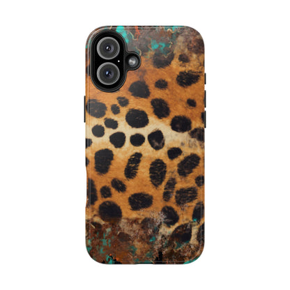 Rustic Leopard Print Tough iPhone Case – Distressed Turquoise and Animal Pattern with Dual-Layer Protection