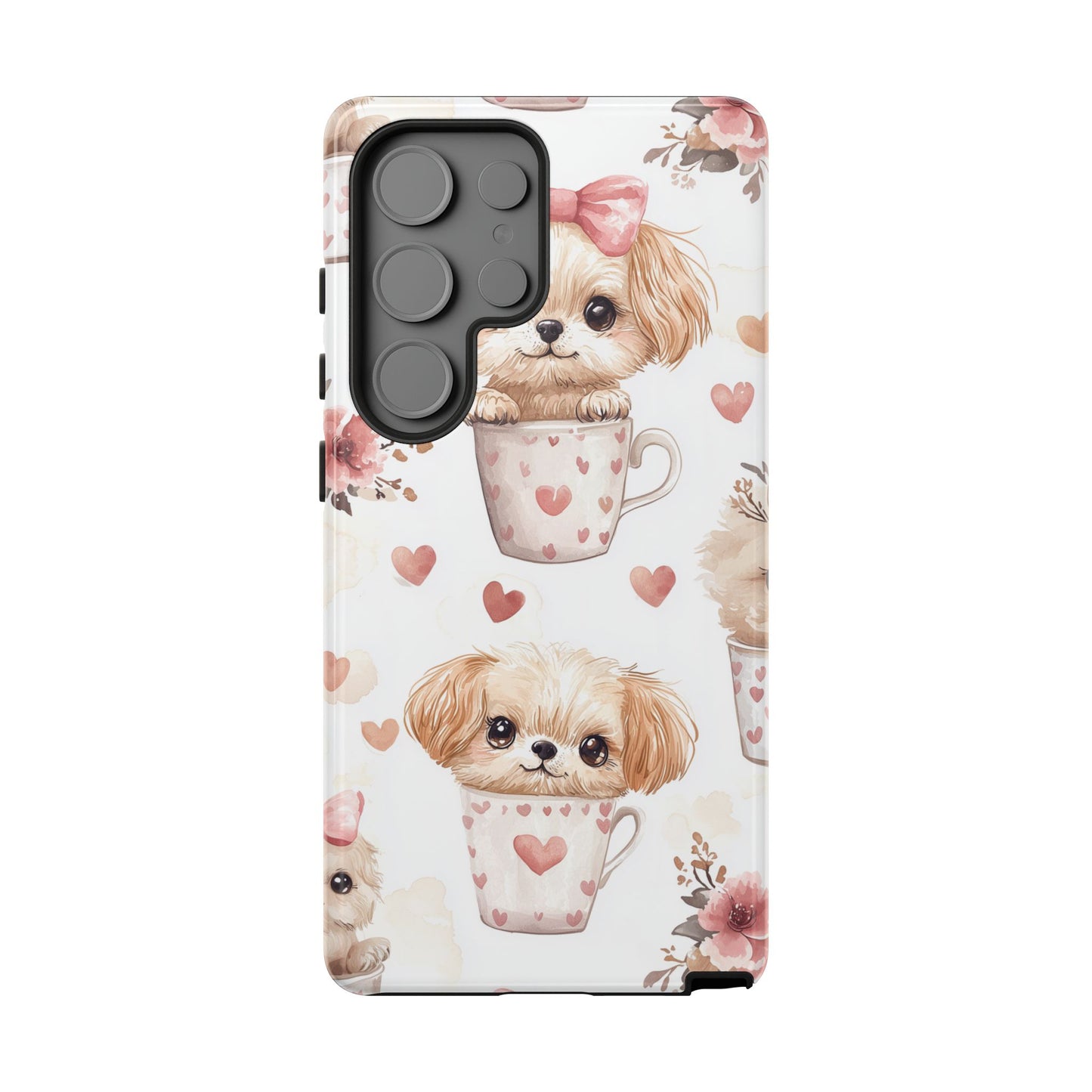 Cute Puppies in Heart Mugs Samsung Galaxy  Case – Adorable Dog & Floral Design, Shockproof & Slim