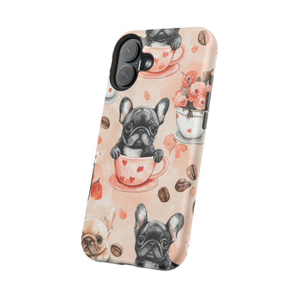 French Bulldogs in Heart Teacups MagSafe iPhone Case – Cute Dog & Floral Design, Shockproof Protection