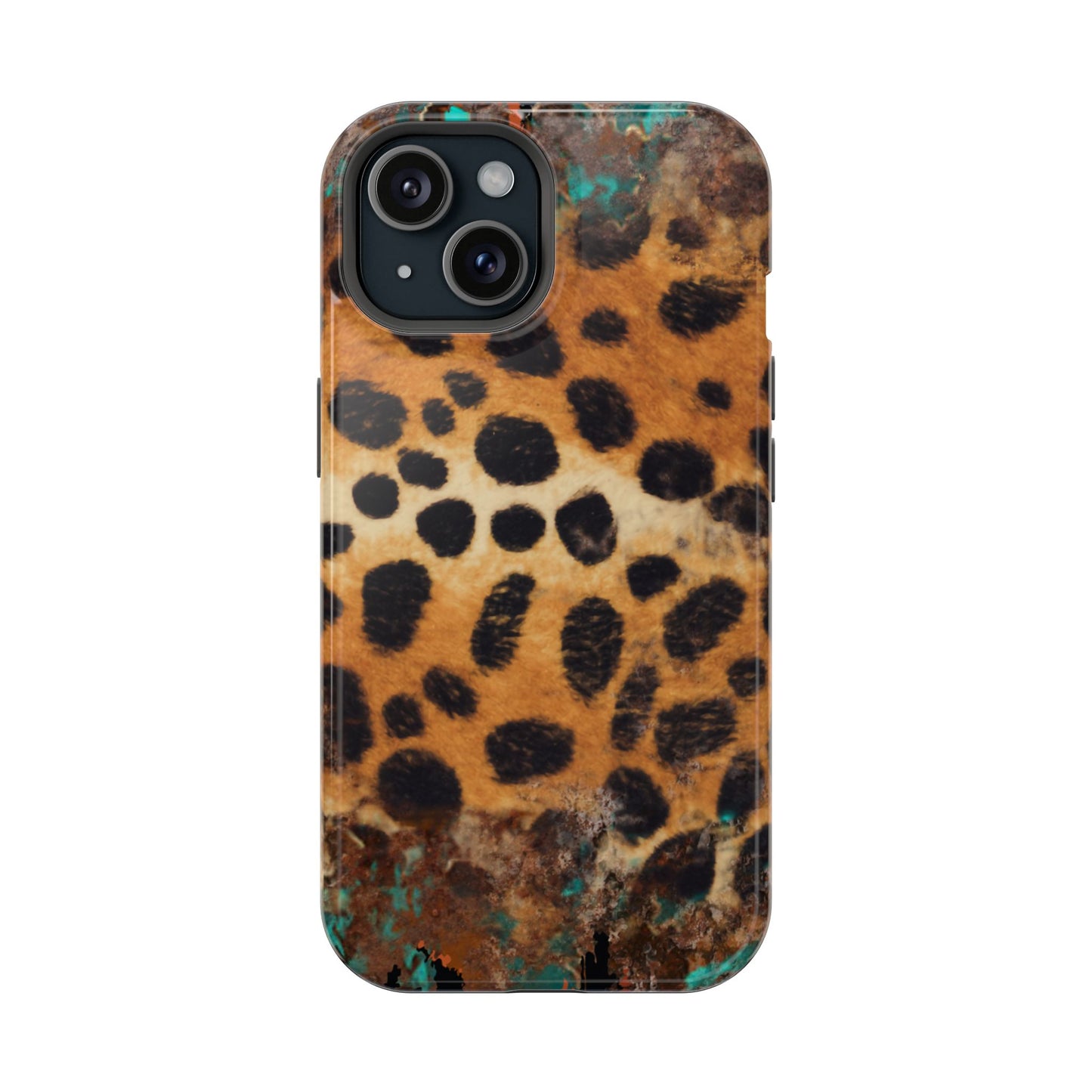 Rustic Leopard Print Tough MagSafe iPhone Case – Distressed Turquoise and Animal Pattern with Dual-Layer Protection