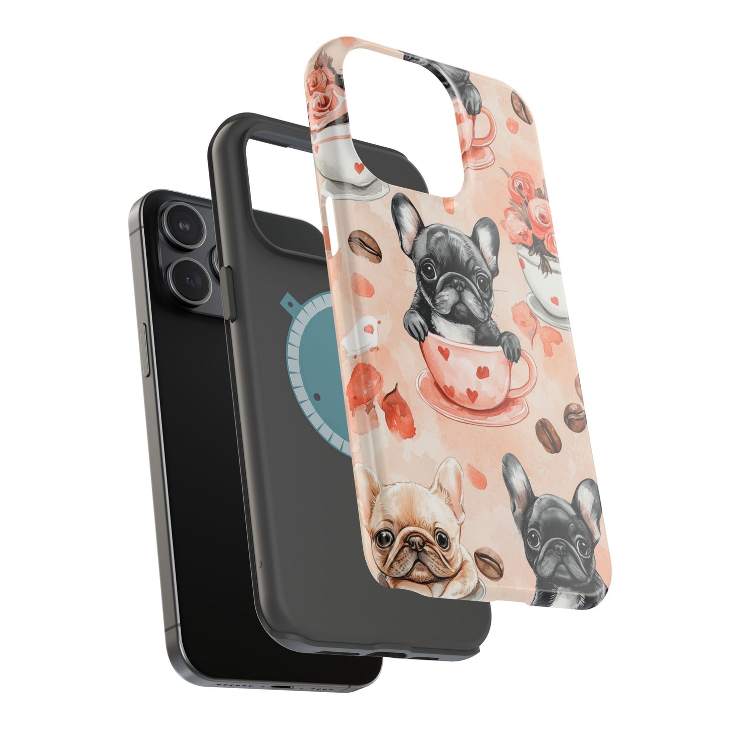 French Bulldogs in Heart Teacups MagSafe iPhone Case – Cute Dog & Floral Design, Shockproof Protection